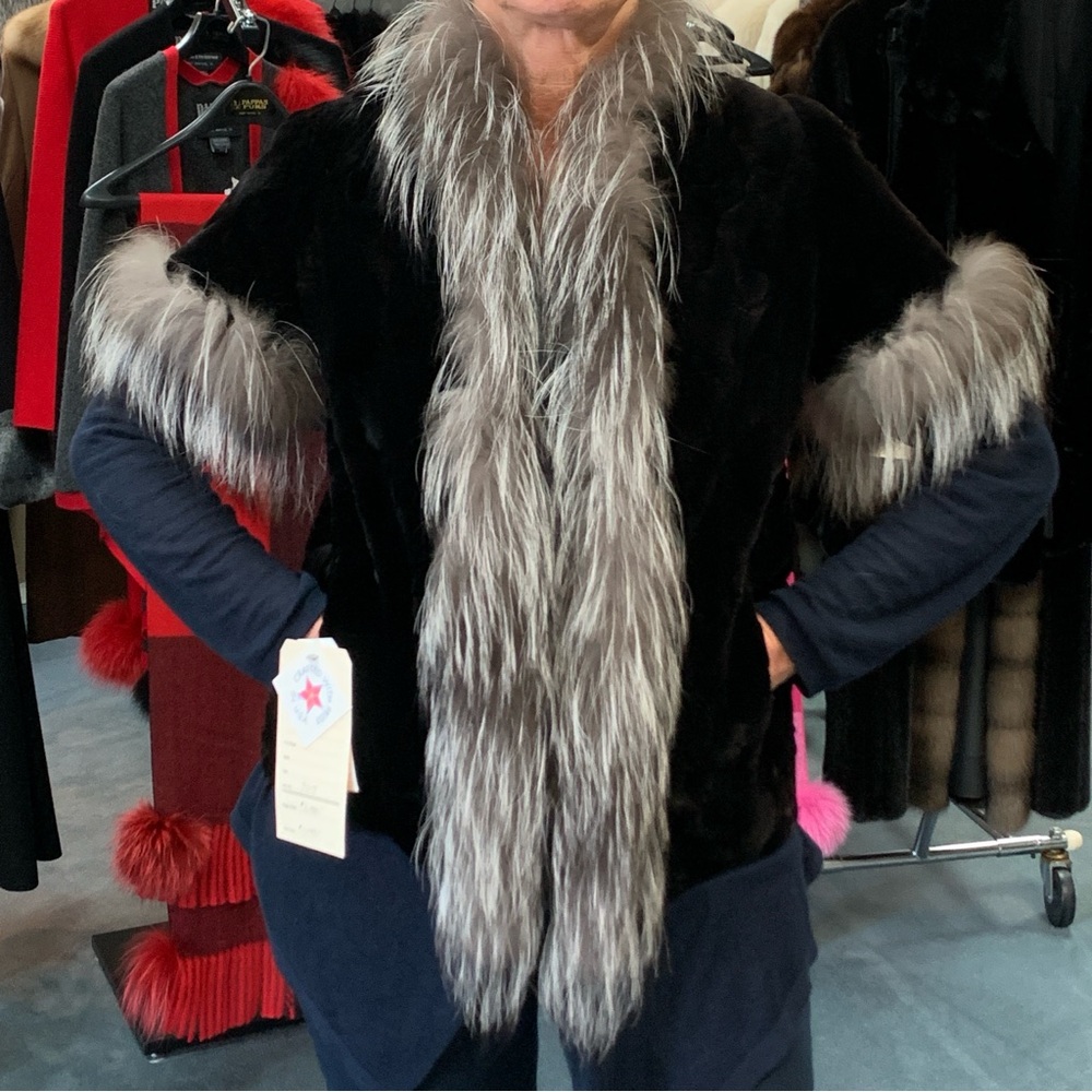 Genuine Mink Short Sleeve Coat With Silver Fox Trim